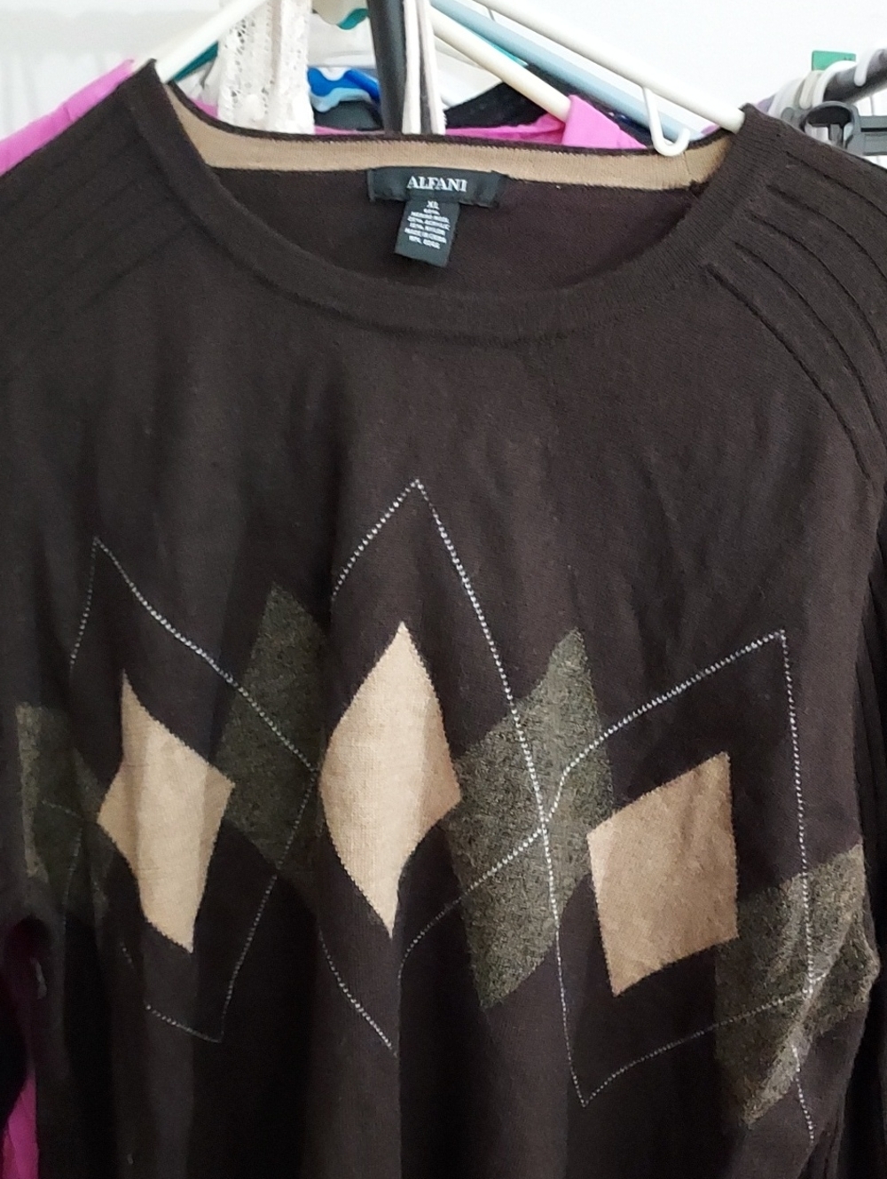 Alfani Brown Argyle Crewneck Sweater with Tan & Olive Accents